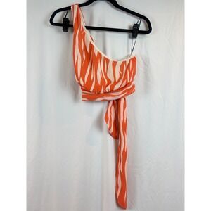 HM Orange Zebra Print One Shoulder Crop Top Tie Waist‎ Size M Asymmetric Chiffon